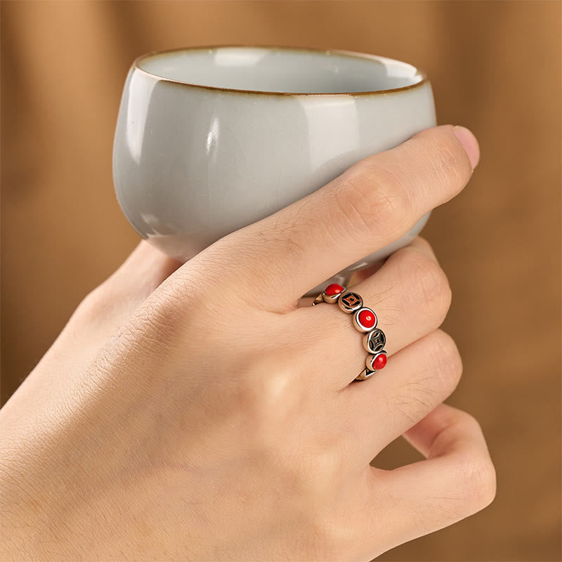 Hand-Selected Jade & South Red Agate Copper Chinese Coin Open Ring