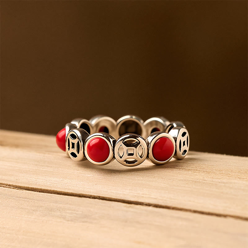 Hand-Selected Jade & South Red Agate Copper Chinese Coin Open Ring