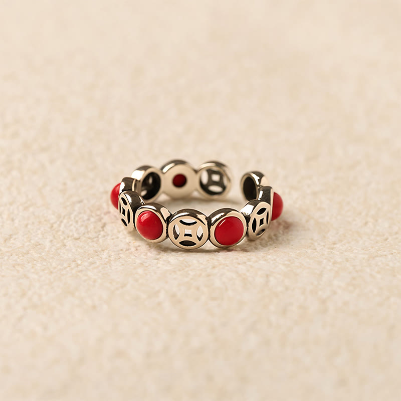 Hand-Selected Jade & South Red Agate Copper Chinese Coin Open Ring