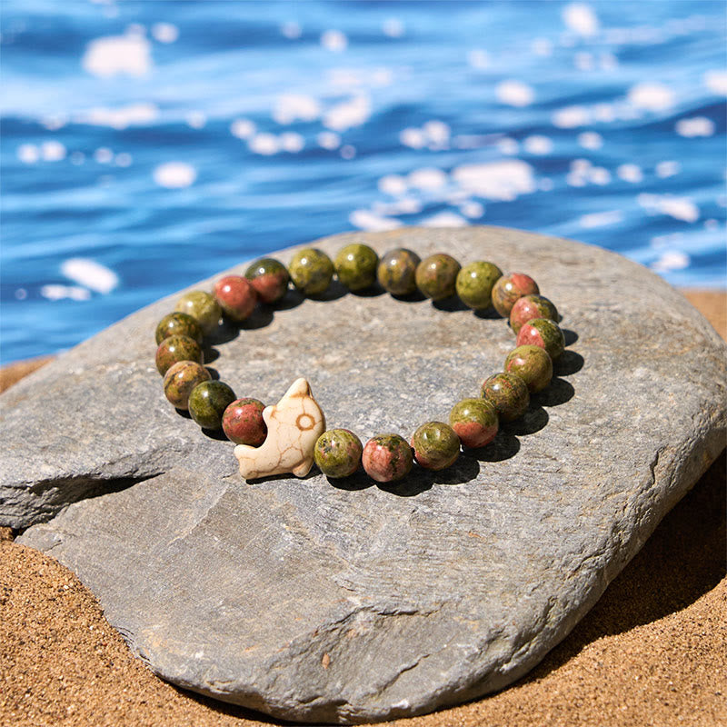 Hand-Selected Natural Gemstone Beaded Bracelet with Dolphin Symbol