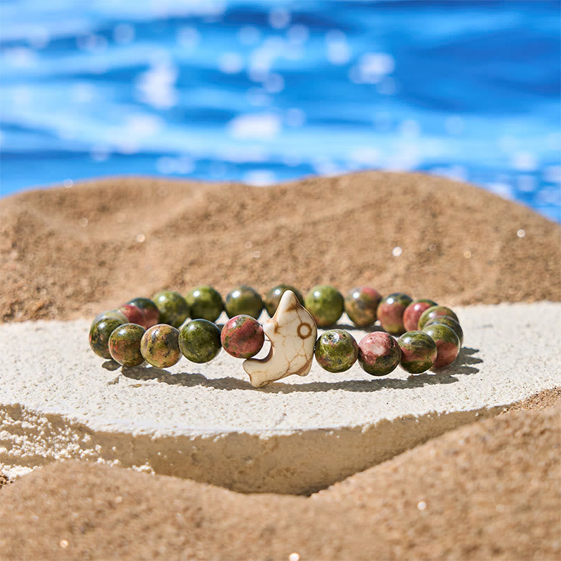Hand-Selected Natural Gemstone Beaded Bracelet with Dolphin Symbol