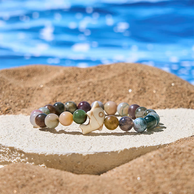 Hand-Selected Natural Gemstone Beaded Bracelet with Dolphin Symbol