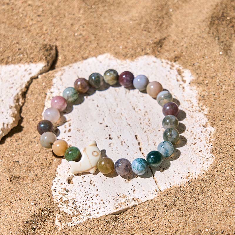 Hand-Selected Natural Gemstone Beaded Bracelet with Dolphin Symbol