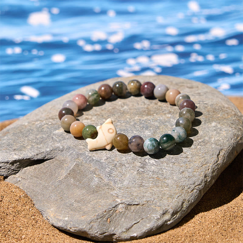 Hand-Selected Natural Gemstone Beaded Bracelet with Dolphin Symbol