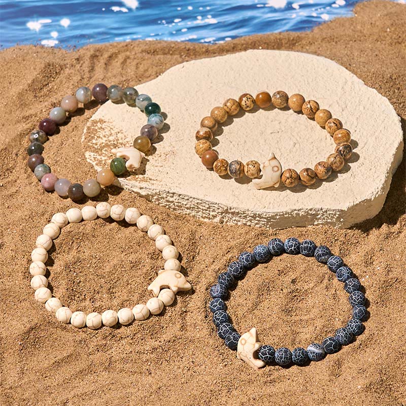 Hand-Selected Natural Gemstone Beaded Bracelet with Dolphin Symbol