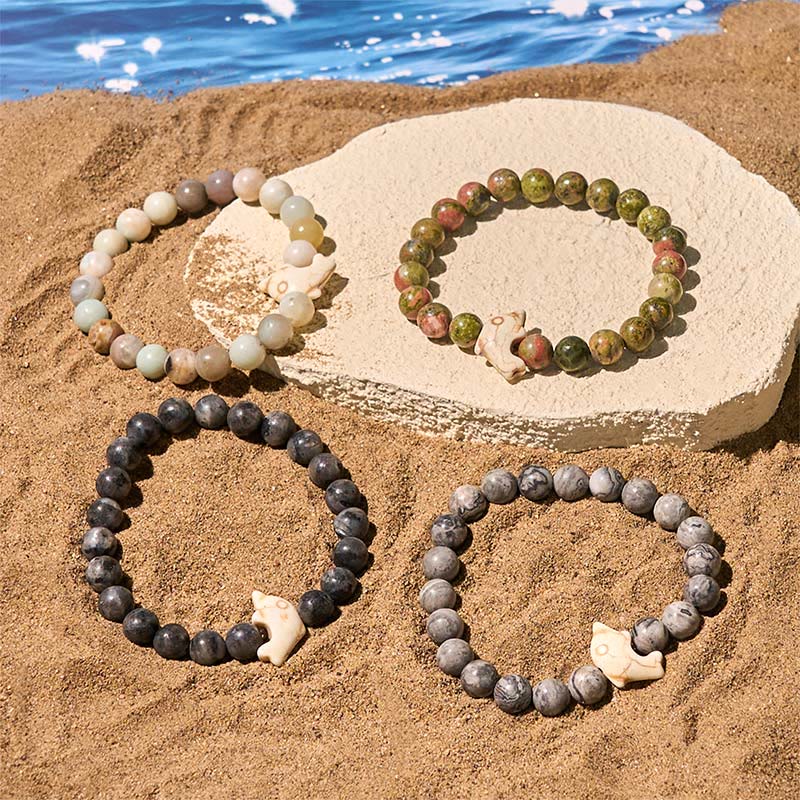 Hand-Selected Natural Gemstone Beaded Bracelet with Dolphin Symbol