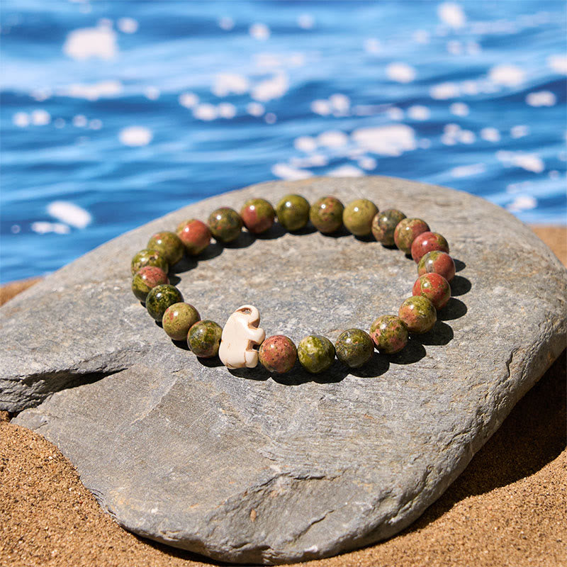 Natural Stone Elephant Symbol Beaded Bracelet: Inner Strength & Grounding