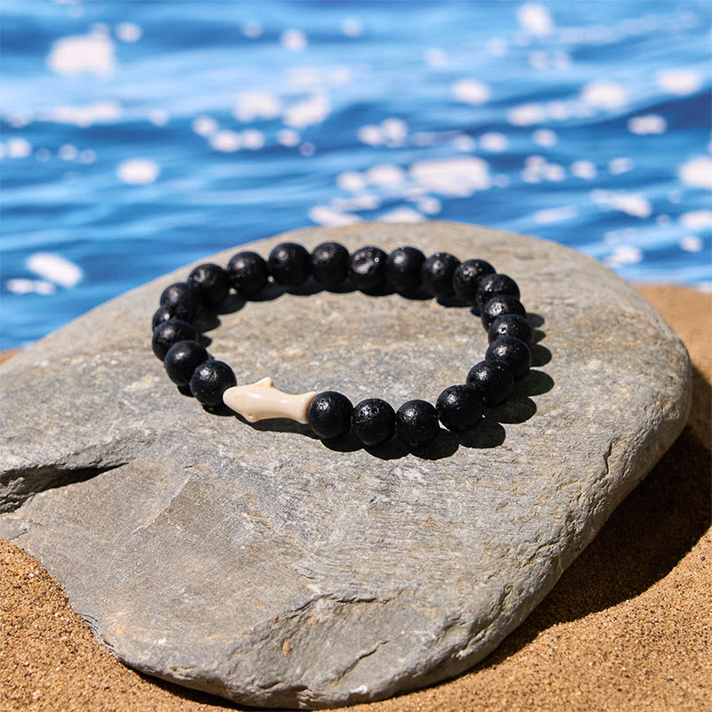 Natural Lava Stone & Multi-Tone Agate Beaded Shark Wisdom Bracelet