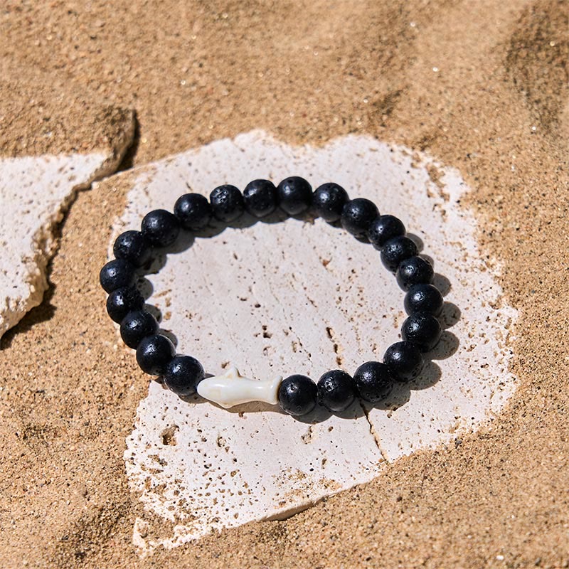 Natural Lava Stone & Multi-Tone Agate Beaded Shark Wisdom Bracelet