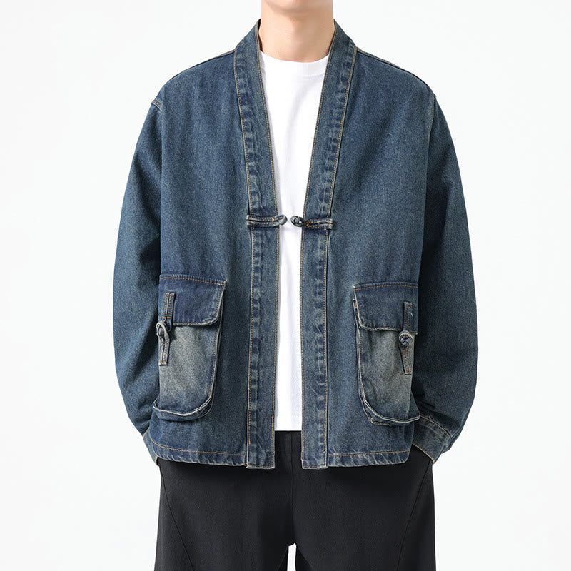 Denim Button Design Men's Cotton Long Sleeve Jacket With Pockets