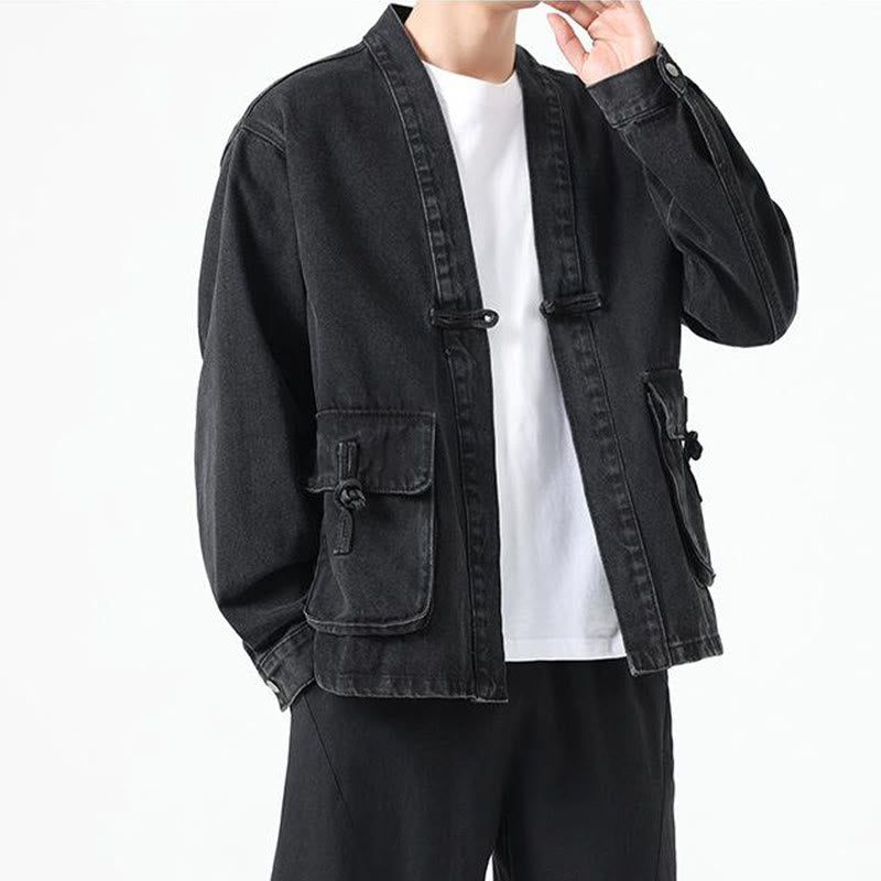 Denim Button Design Men's Cotton Long Sleeve Jacket With Pockets