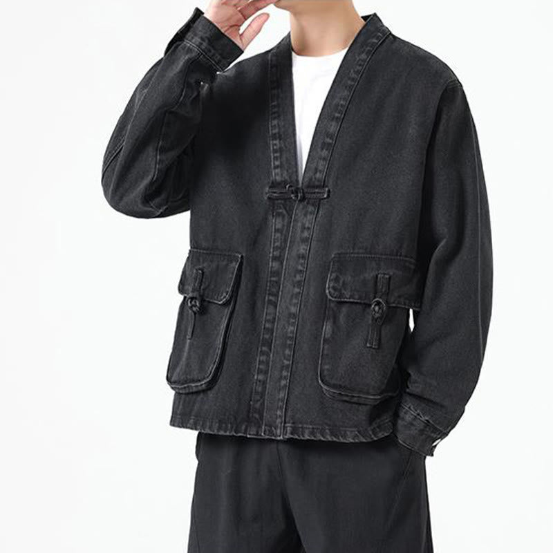 Denim Button Design Men's Cotton Long Sleeve Jacket With Pockets