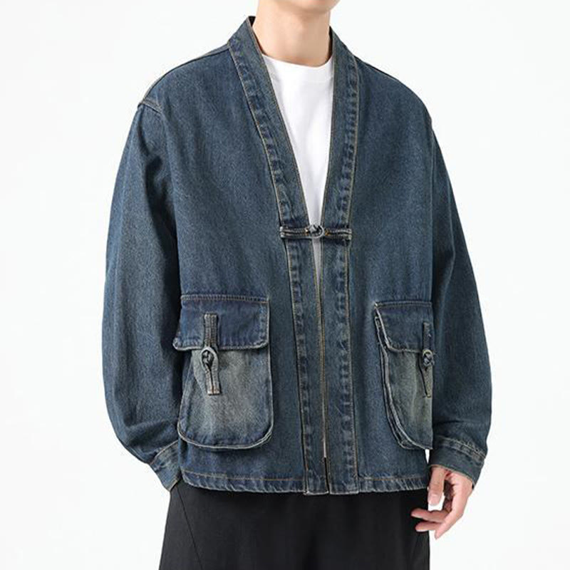 Denim Button Design Men's Cotton Long Sleeve Jacket With Pockets