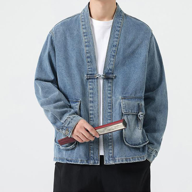 Denim Button Design Men's Cotton Long Sleeve Jacket With Pockets