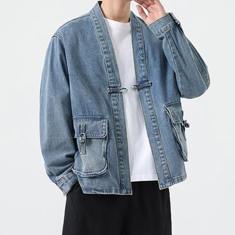 Denim Button Design Men's Cotton Long Sleeve Jacket With Pockets