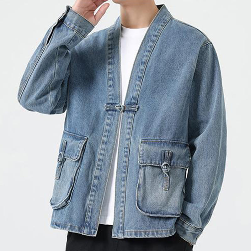 Denim Button Design Men's Cotton Long Sleeve Jacket With Pockets
