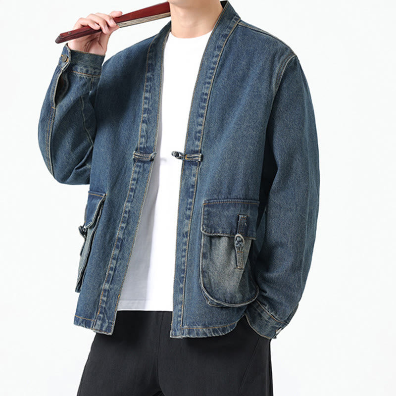Denim Button Design Men's Cotton Long Sleeve Jacket With Pockets