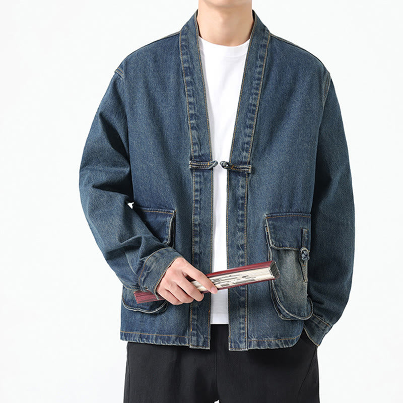 Denim Button Design Men's Cotton Long Sleeve Jacket With Pockets