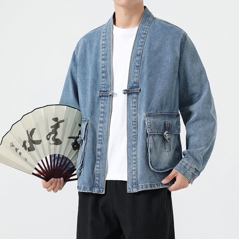 Denim Button Design Men's Cotton Long Sleeve Jacket With Pockets