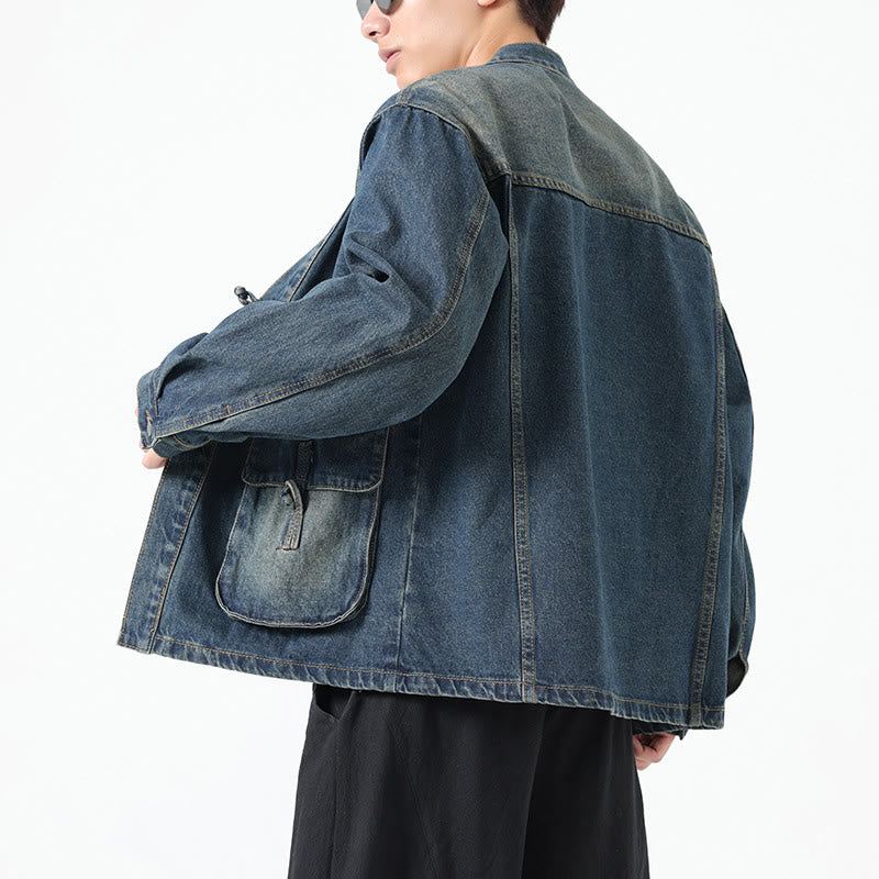 Denim Button Design Men's Cotton Long Sleeve Jacket With Pockets