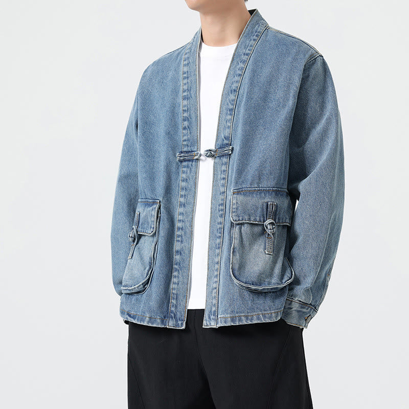 Denim Button Design Men's Cotton Long Sleeve Jacket With Pockets