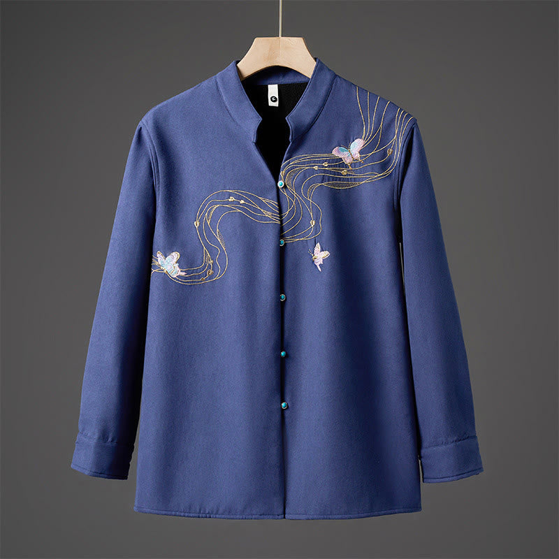 Winter Embroidered Butterfly Ribbon Fleece-Lined Men's Cotton Long Sleeve Jacket