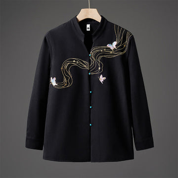 Winter Embroidered Butterfly Ribbon Fleece-Lined Men's Cotton Long Sleeve Jacket