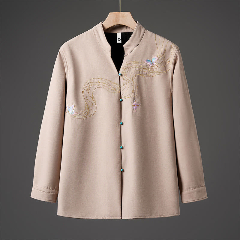 Winter Embroidered Butterfly Ribbon Fleece-Lined Men's Cotton Long Sleeve Jacket