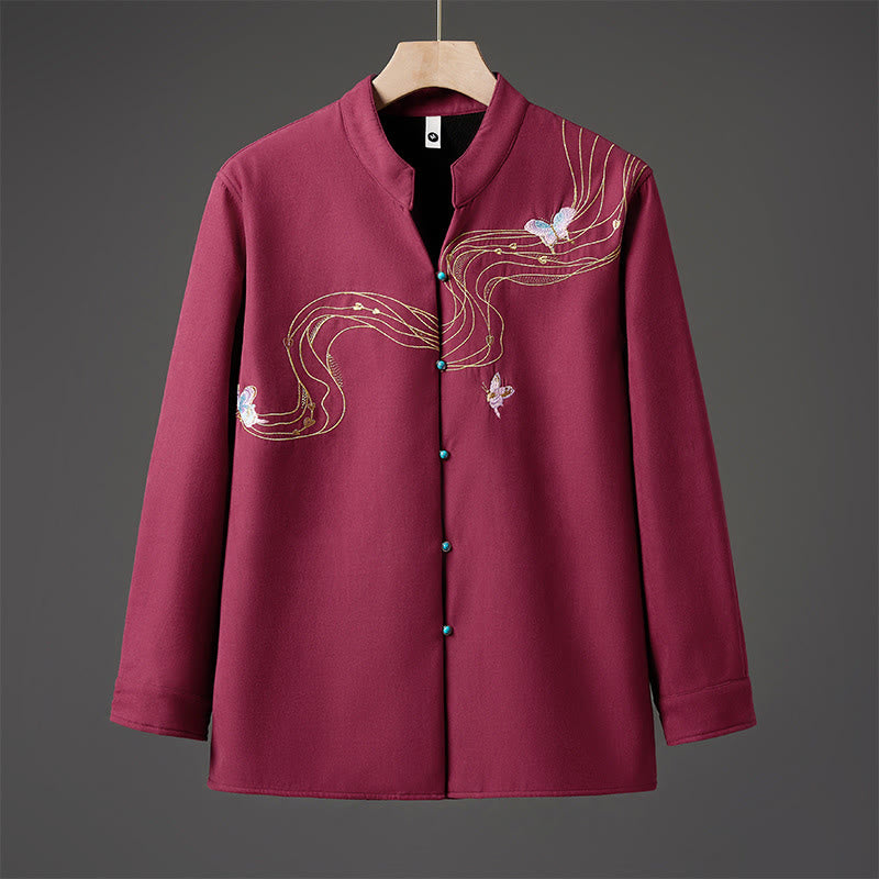 Winter Embroidered Butterfly Ribbon Fleece-Lined Men's Cotton Long Sleeve Jacket