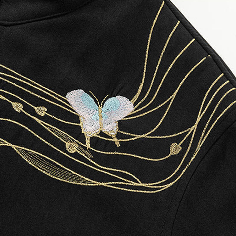 Winter Embroidered Butterfly Ribbon Fleece-Lined Men's Cotton Long Sleeve Jacket