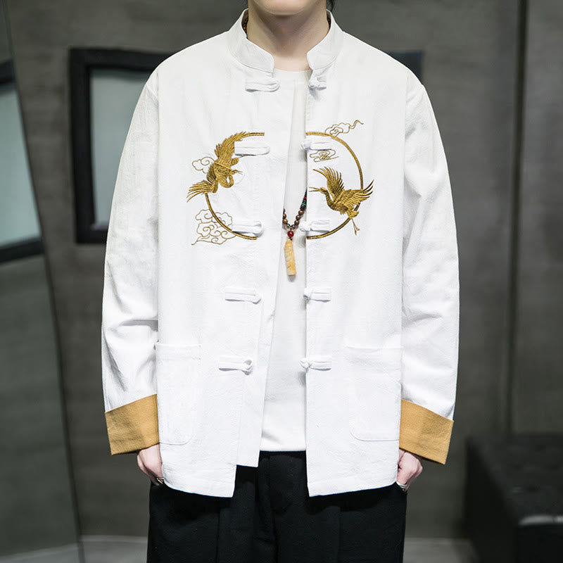 Embroidered Cotton Linen Frog-Button Meditation Shirt