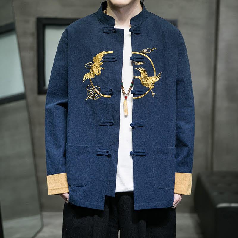 Embroidered Cotton Linen Frog-Button Meditation Shirt