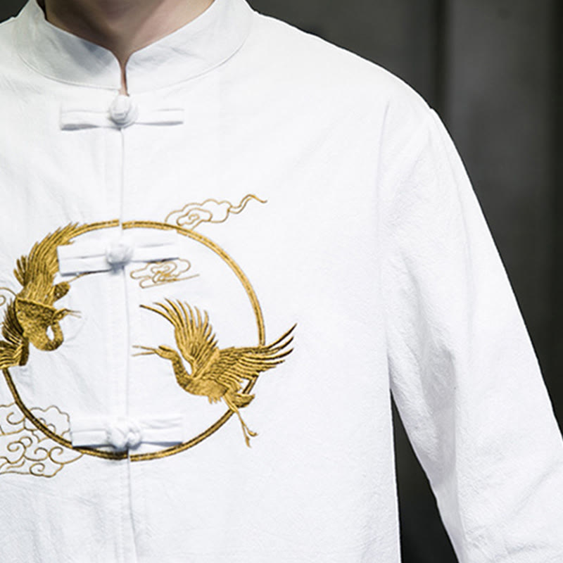 Embroidered Cotton Linen Frog-Button Meditation Shirt