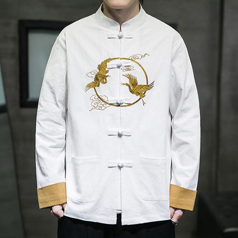 Embroidered Cotton Linen Frog-Button Meditation Shirt