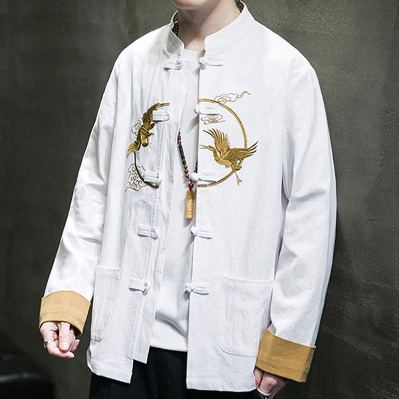 Embroidered Cotton Linen Frog-Button Meditation Shirt