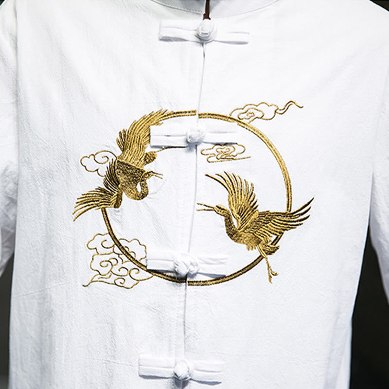 Embroidered Cotton Linen Frog-Button Meditation Shirt