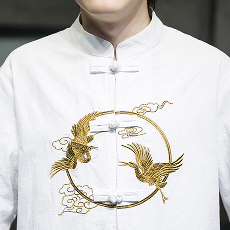 Embroidered Cotton Linen Frog-Button Meditation Shirt