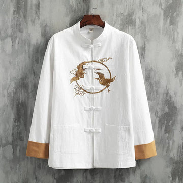 Embroidered Cotton Linen Frog-Button Meditation Shirt