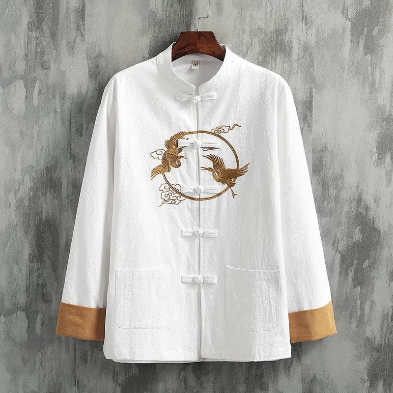 Embroidered Cotton Linen Frog-Button Meditation Shirt