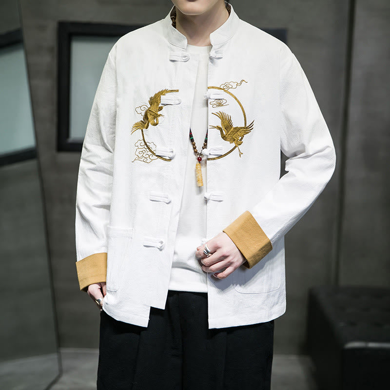 Embroidered Cotton Linen Frog-Button Meditation Shirt