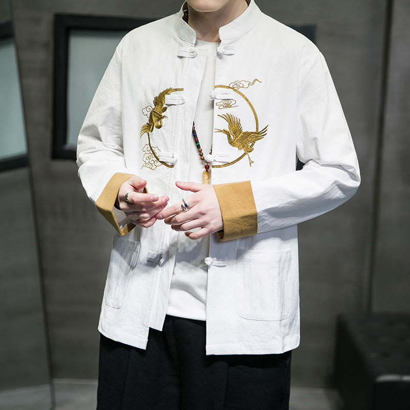 Embroidered Cotton Linen Frog-Button Meditation Shirt