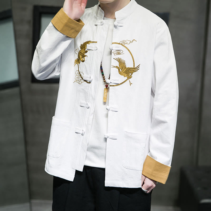 Embroidered Cotton Linen Frog-Button Meditation Shirt