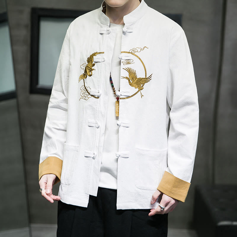 Embroidered Cotton Linen Frog-Button Meditation Shirt