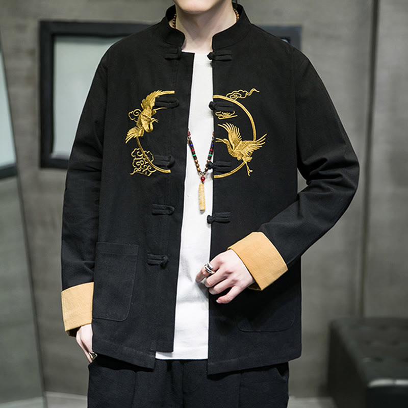 Embroidered Cotton Linen Frog-Button Meditation Shirt