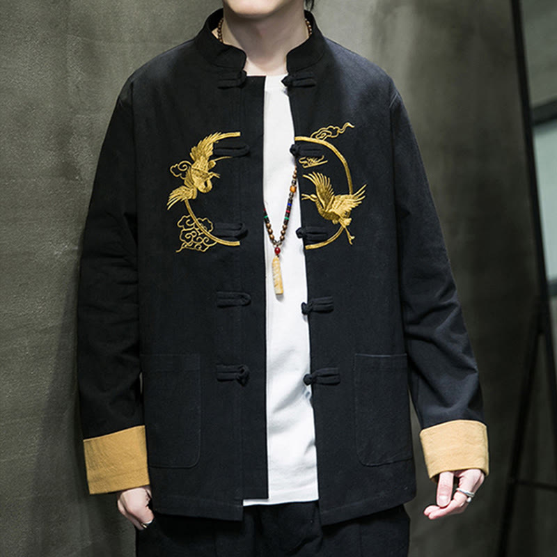 Embroidered Cotton Linen Frog-Button Meditation Shirt