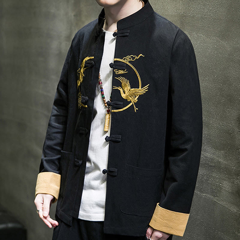 Embroidered Cotton Linen Frog-Button Meditation Shirt