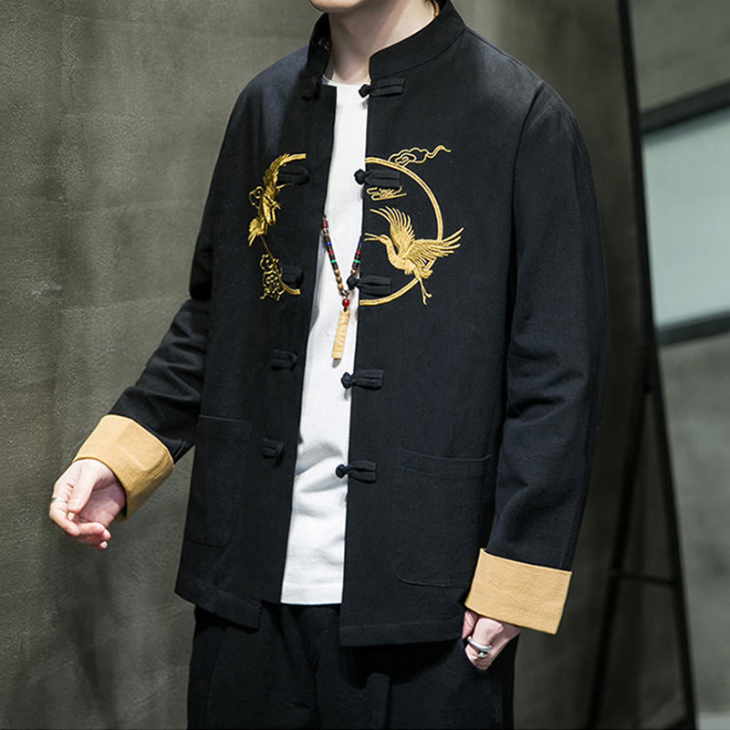 Embroidered Cotton Linen Frog-Button Meditation Shirt