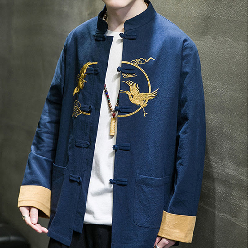 Embroidered Cotton Linen Frog-Button Meditation Shirt