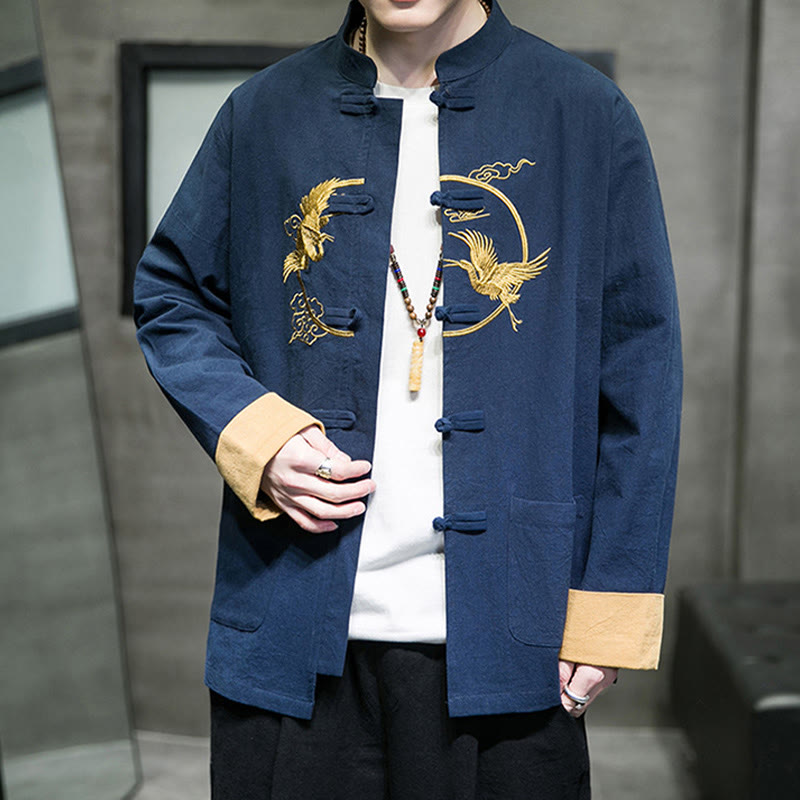 Embroidered Cotton Linen Frog-Button Meditation Shirt