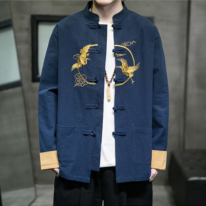 Embroidered Cotton Linen Frog-Button Meditation Shirt